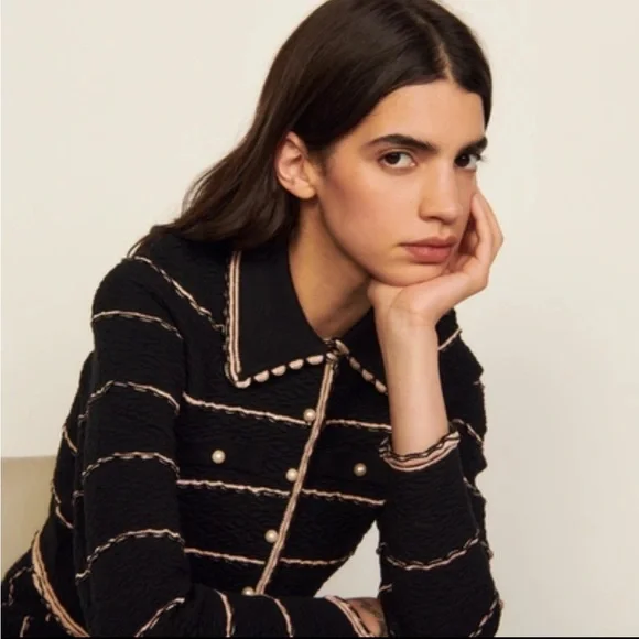 NWT Sandro Black Tweed Two-Piece Jacket & Skirt Set with Cream Trim - Picture 5 of 10